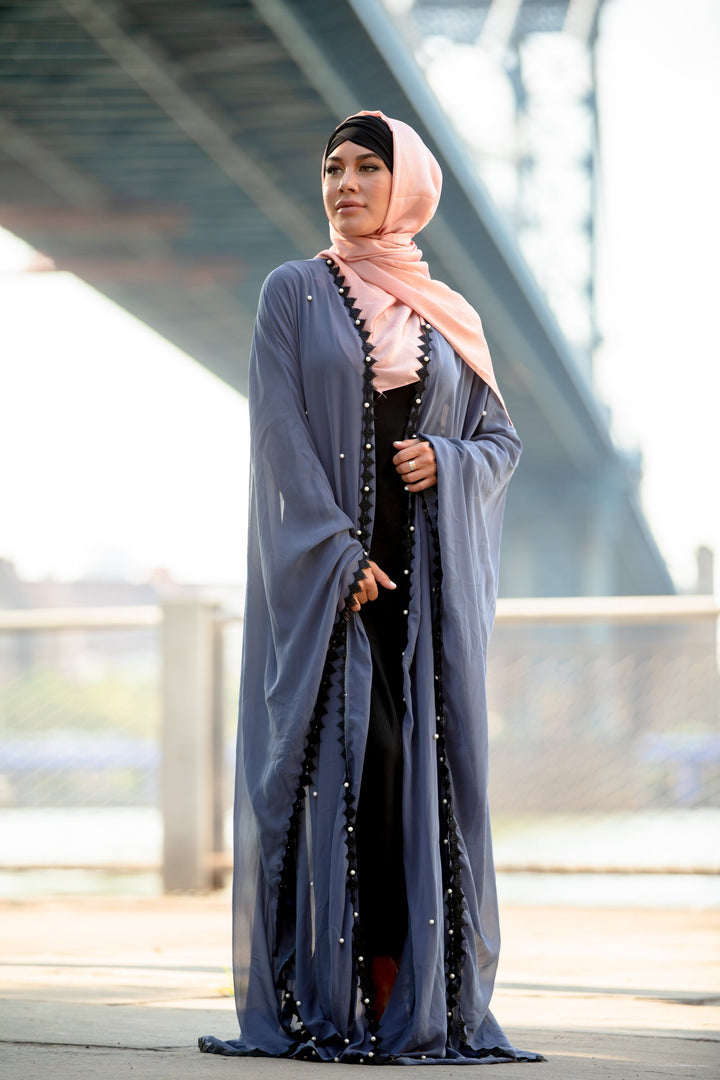 Gray Pearl and Lace Trim Open Front Abaya Caftan