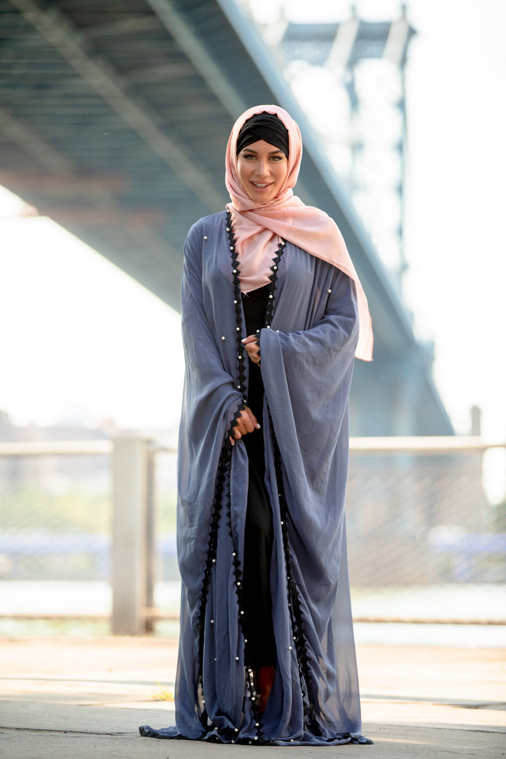 Gray Pearl and Lace Trim Open Front Abaya Caftan