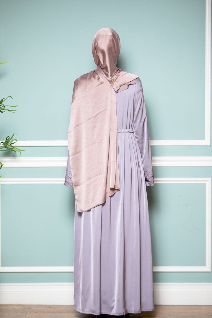 Lilac modest hijab dress in gray satin drawstring abaya