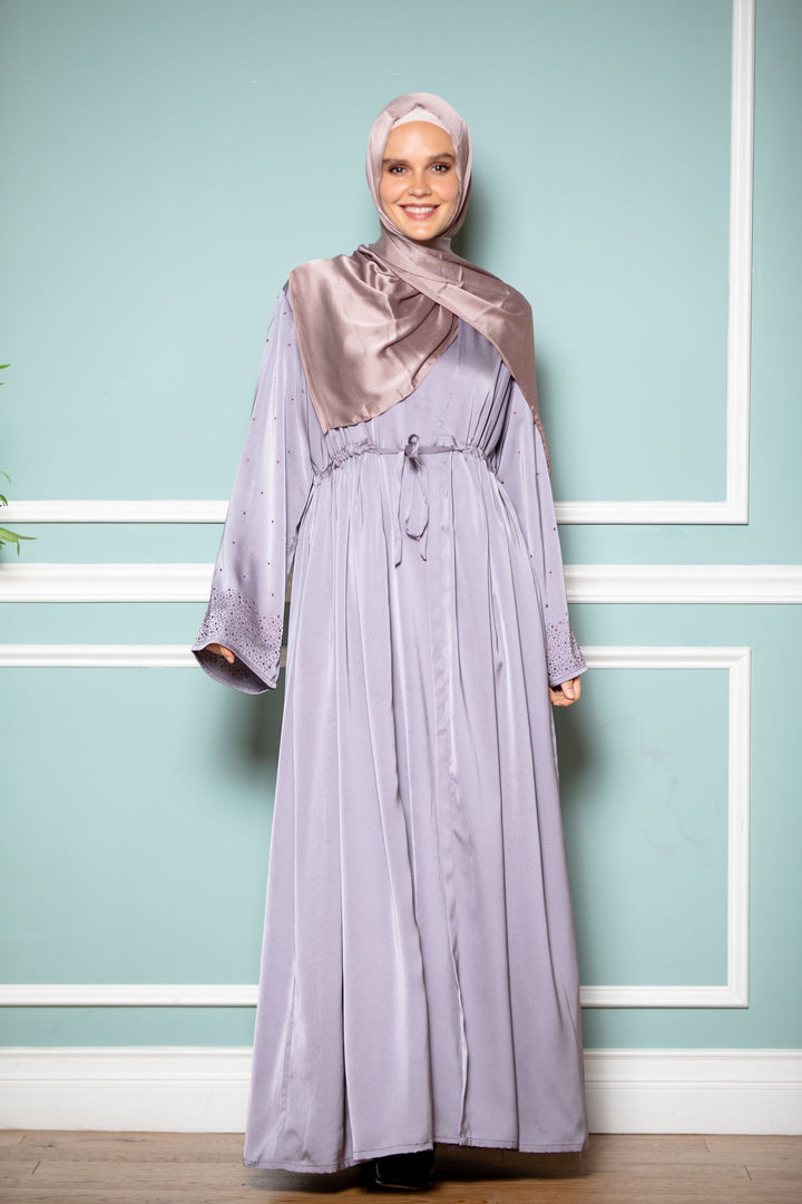 Lilac satin abaya with matching hijab, open front drawstring design