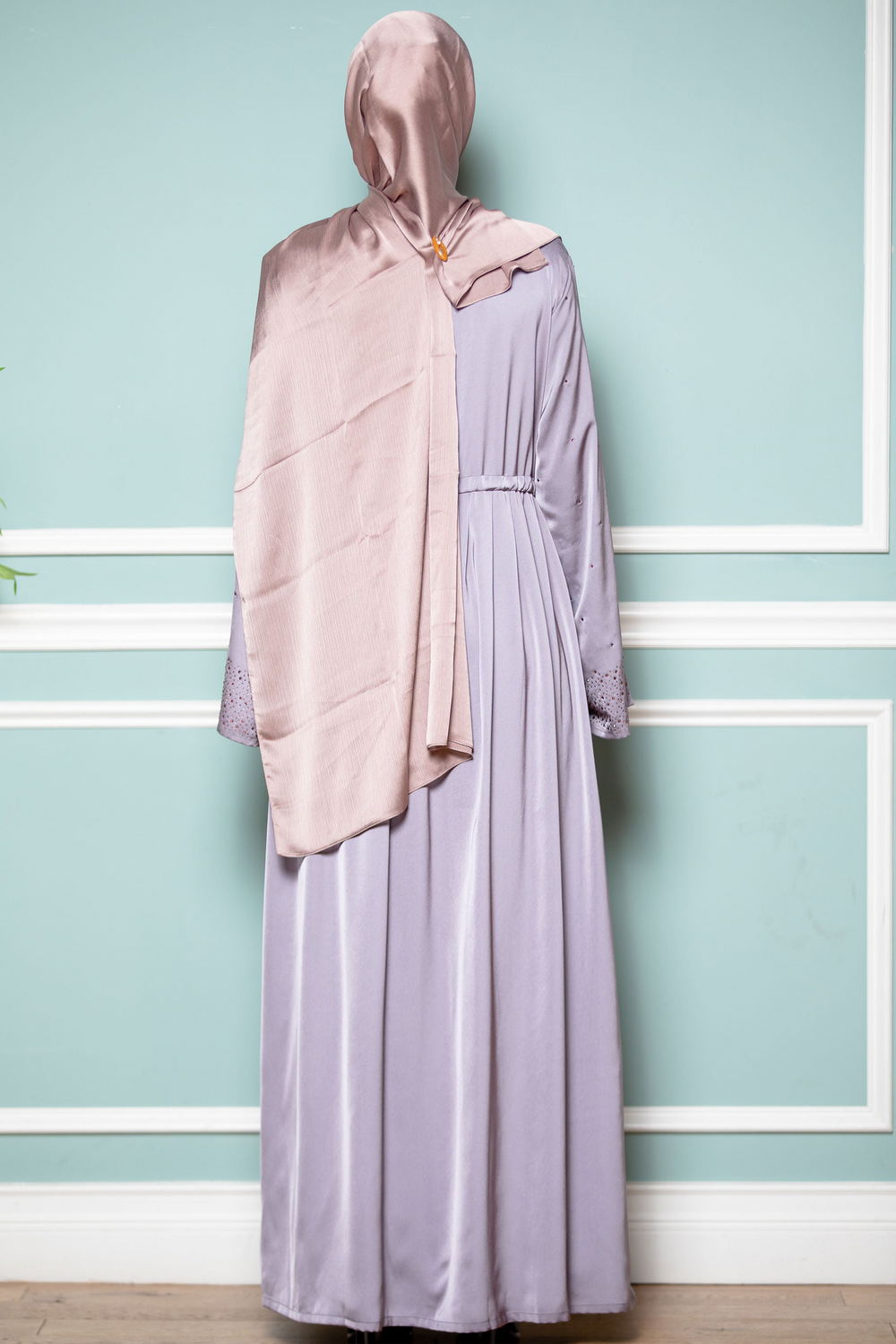 Lilac satin modest dress with matching headscarf abaya