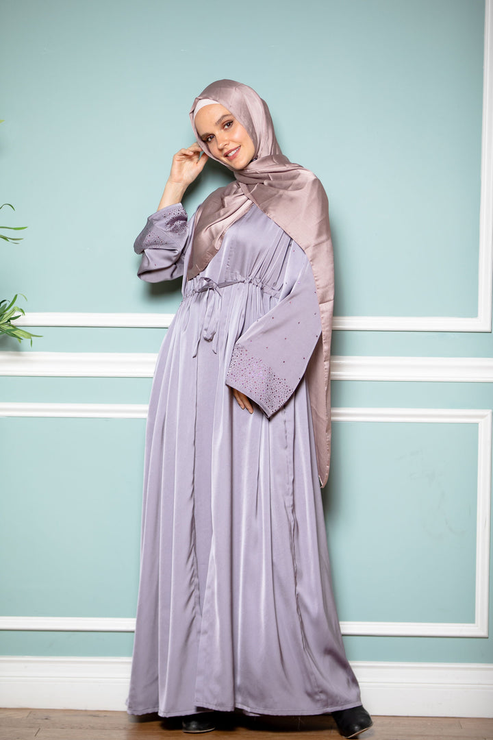 Woman in lilac satin drawstring open front abaya hijab