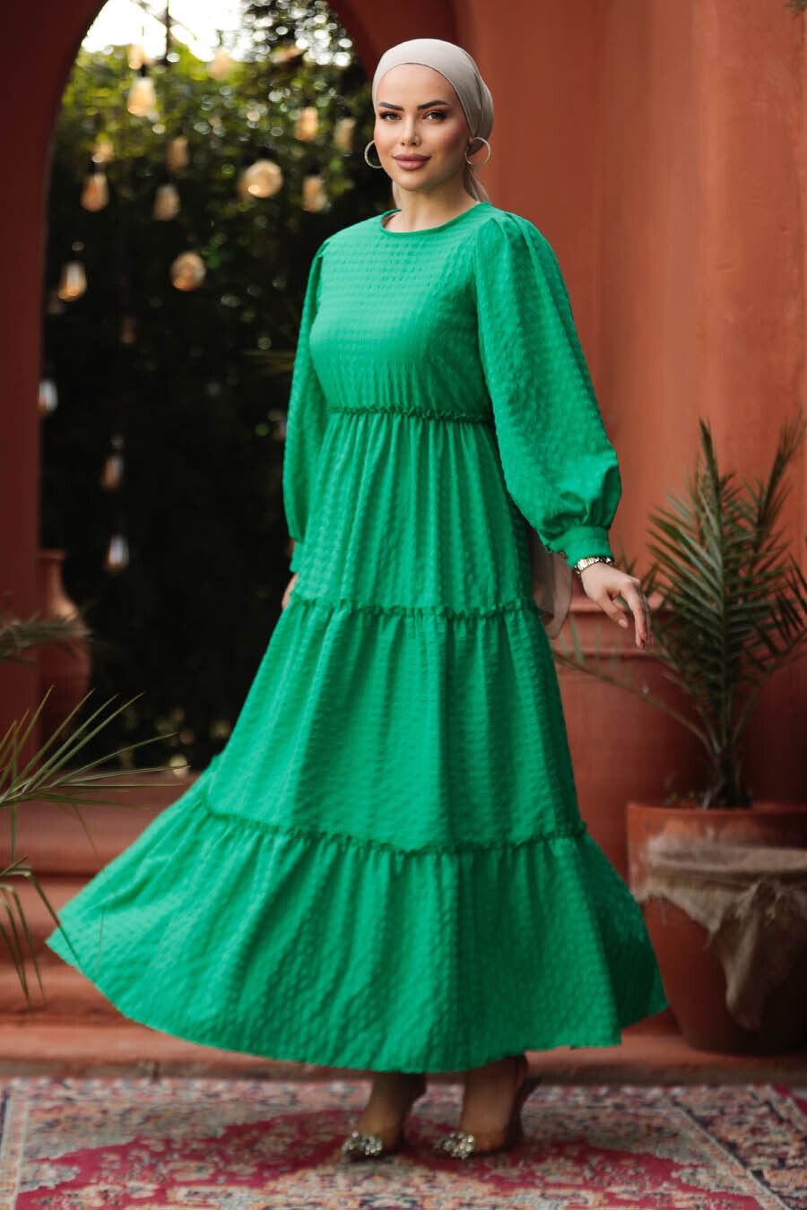 Green Checkered Tiered Maxi Dress - Urban Modesty