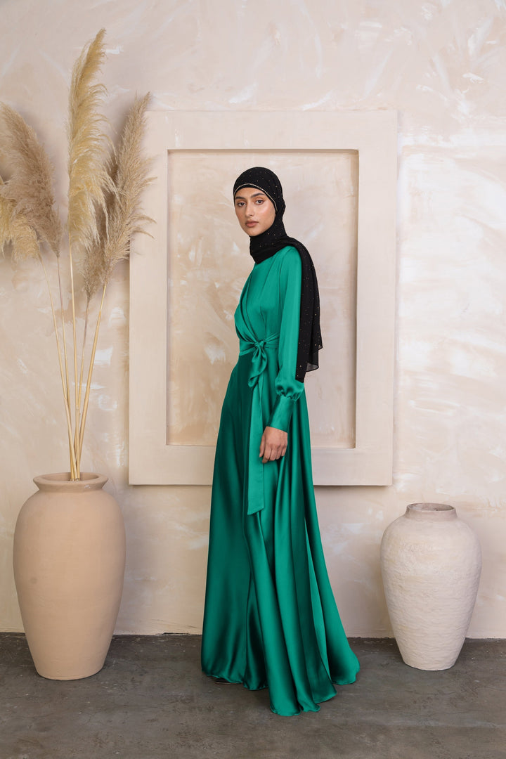 Green Diana Side Knot Satin Gown