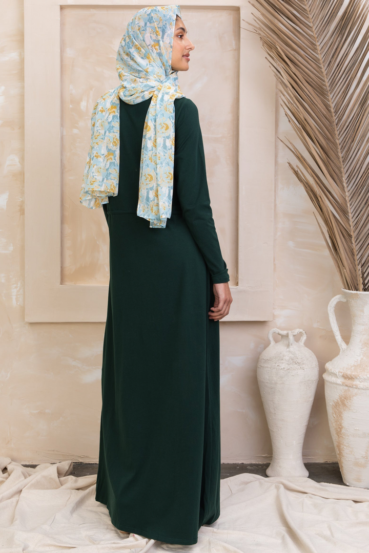 Green Drawstring Cotton Long Sleeve Maxi Dress