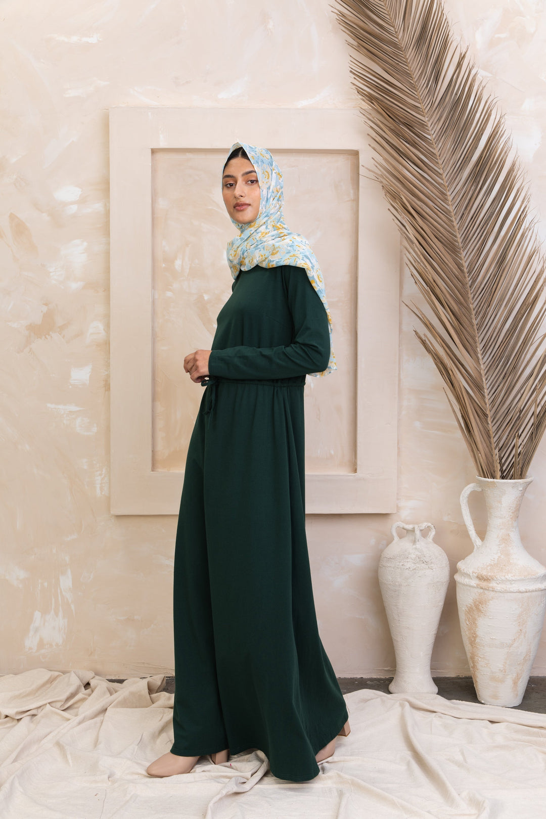 Green Drawstring Cotton Long Sleeve Maxi Dress