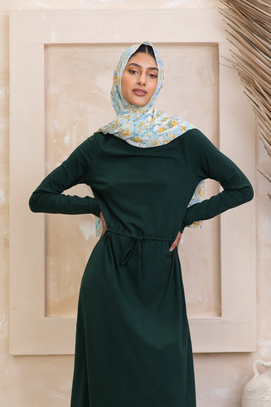 Green Drawstring Cotton Long Sleeve Maxi Dress