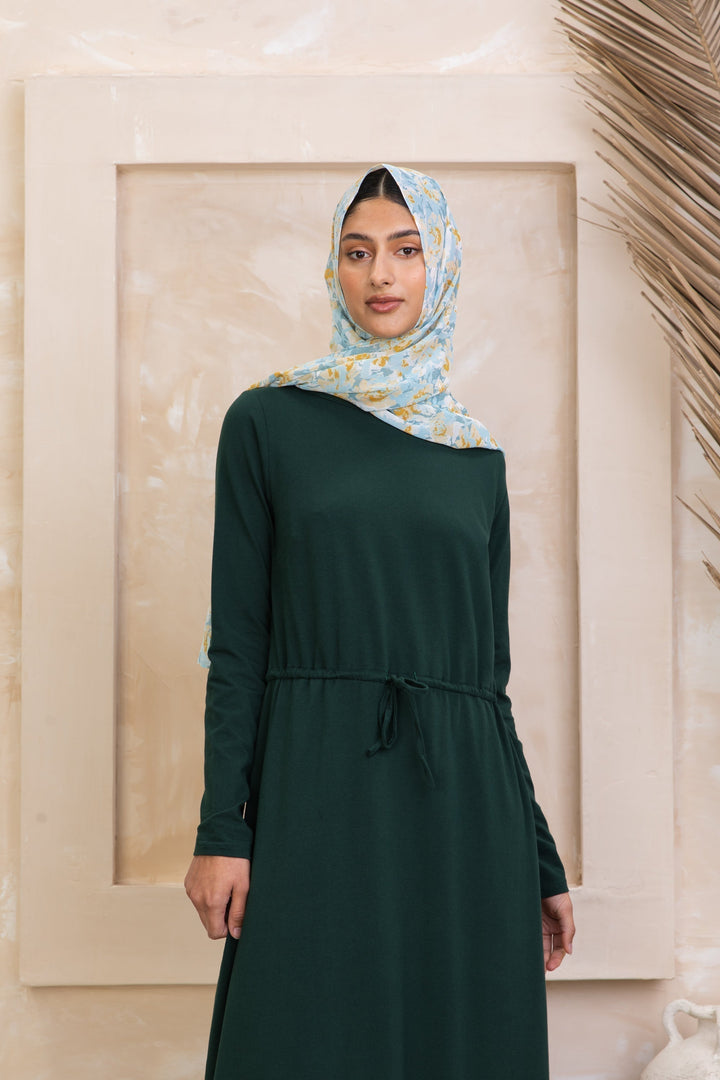 Green Drawstring Cotton Long Sleeve Maxi Dress