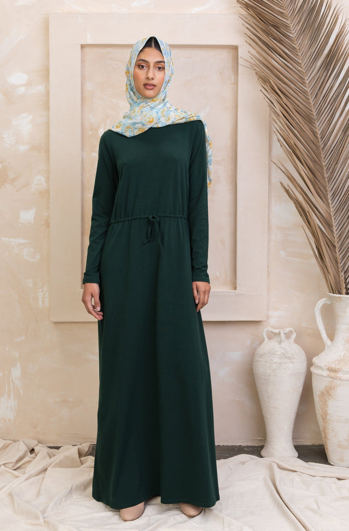 Green Drawstring Cotton Long Sleeve Maxi Dress