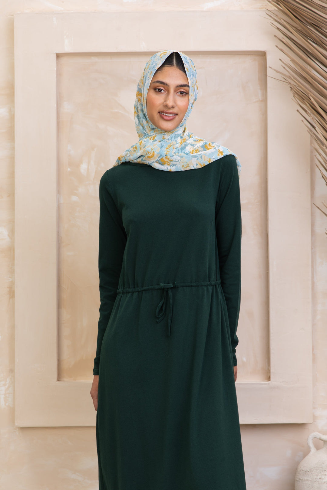 Green Drawstring Cotton Long Sleeve Maxi Dress