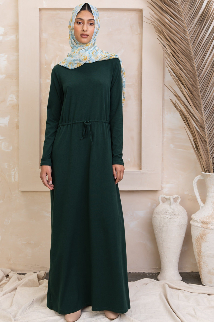 Green Drawstring Cotton Long Sleeve Maxi Dress Urban Modesty