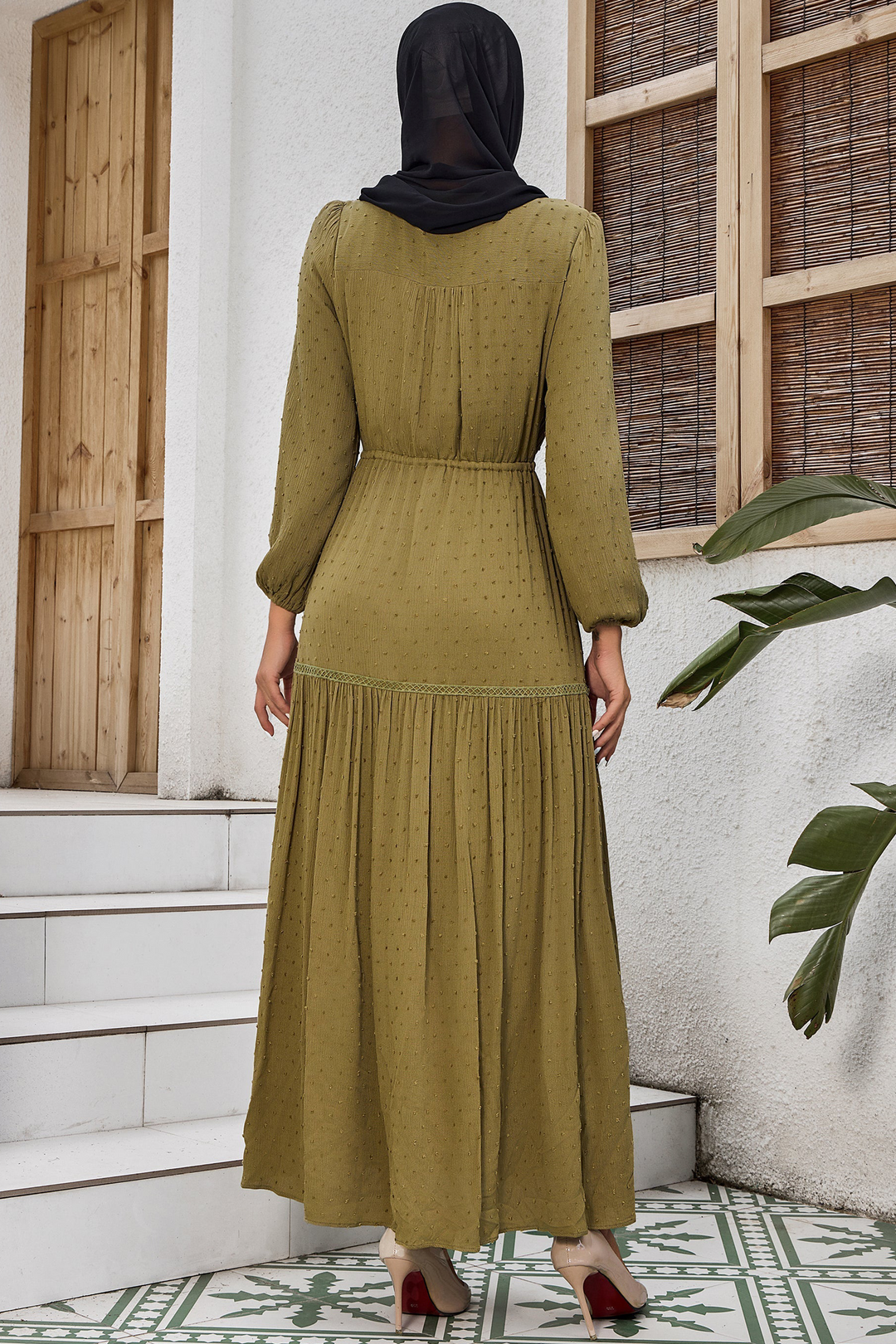 Green Lace Tiered Boho Drawstring Long Sleeve Maxi Dress