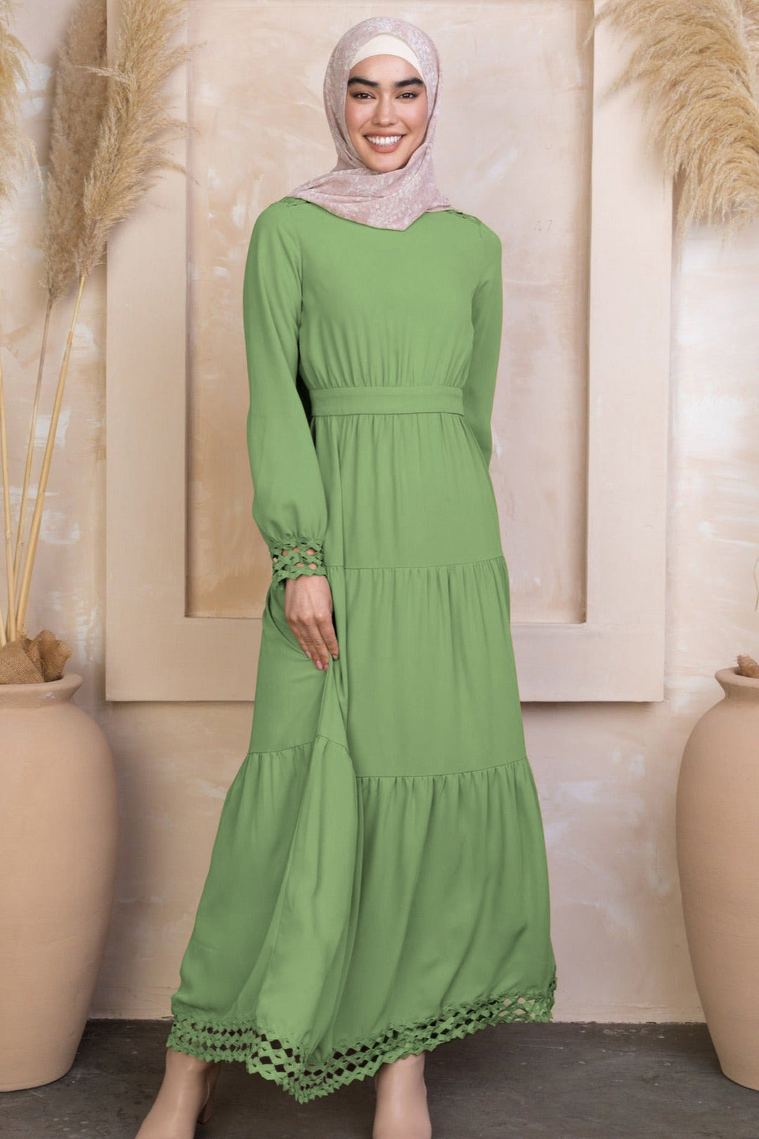 Green Lace Tiered Maxi Dress