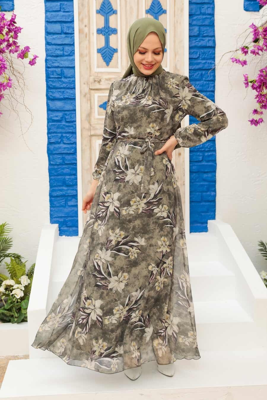 Green Meadow Floral Chiffon Long Sleeve Maxi Dress - Urban Modesty