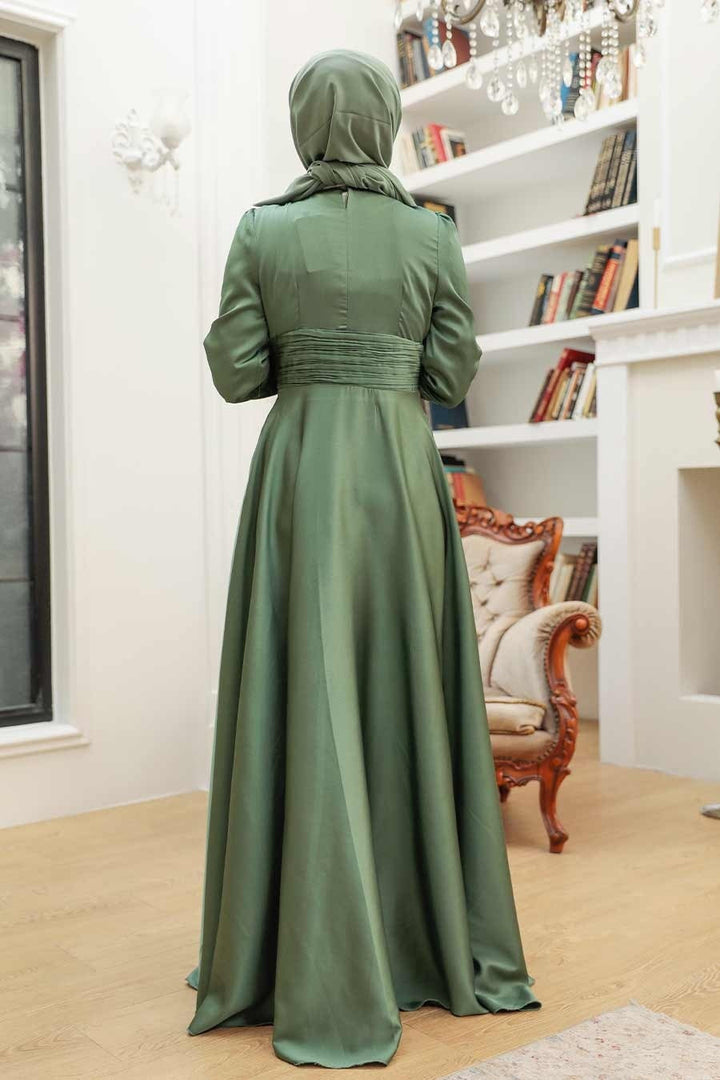 Green Ruched Waisted Satin Gown - Urban Modesty