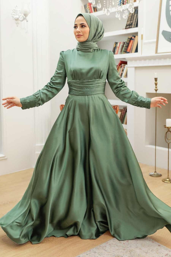 Green Ruched Waisted Satin Gown - Urban Modesty