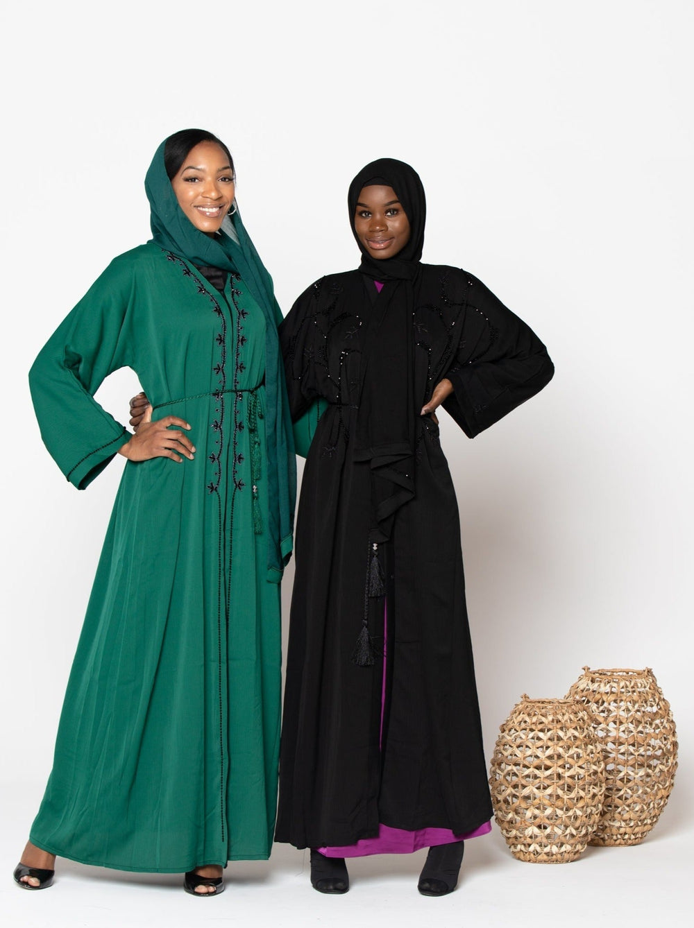 Green Sequin Open Front Abaya