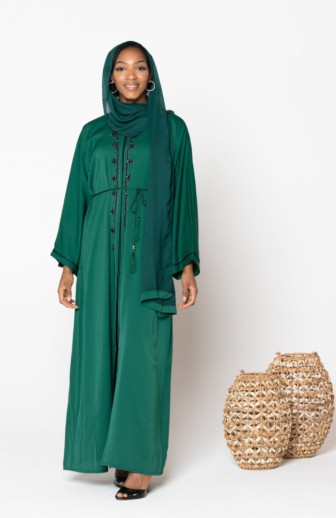 Green Sequin Open Front Abaya