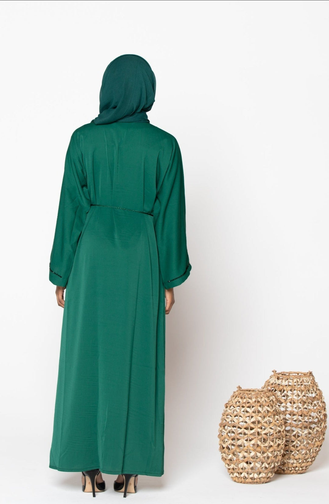 Green Sequin Open Front Abaya