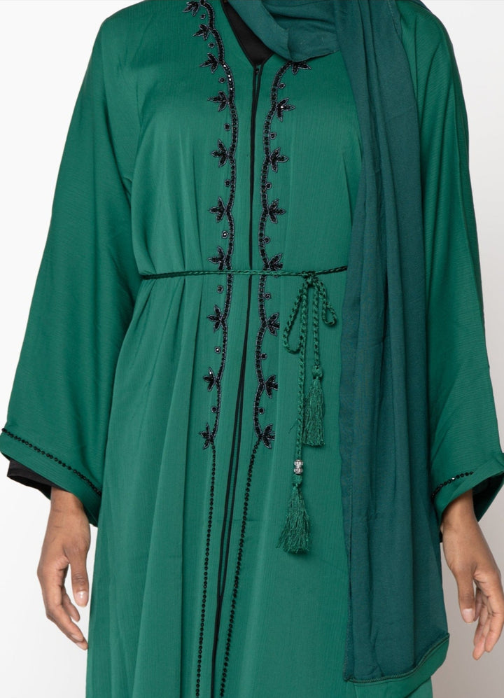 Green Sequin Open Front Abaya