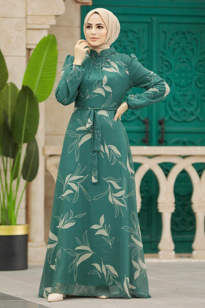 Green Vines Chiffon Long Sleeve Maxi Dress - Urban Modesty