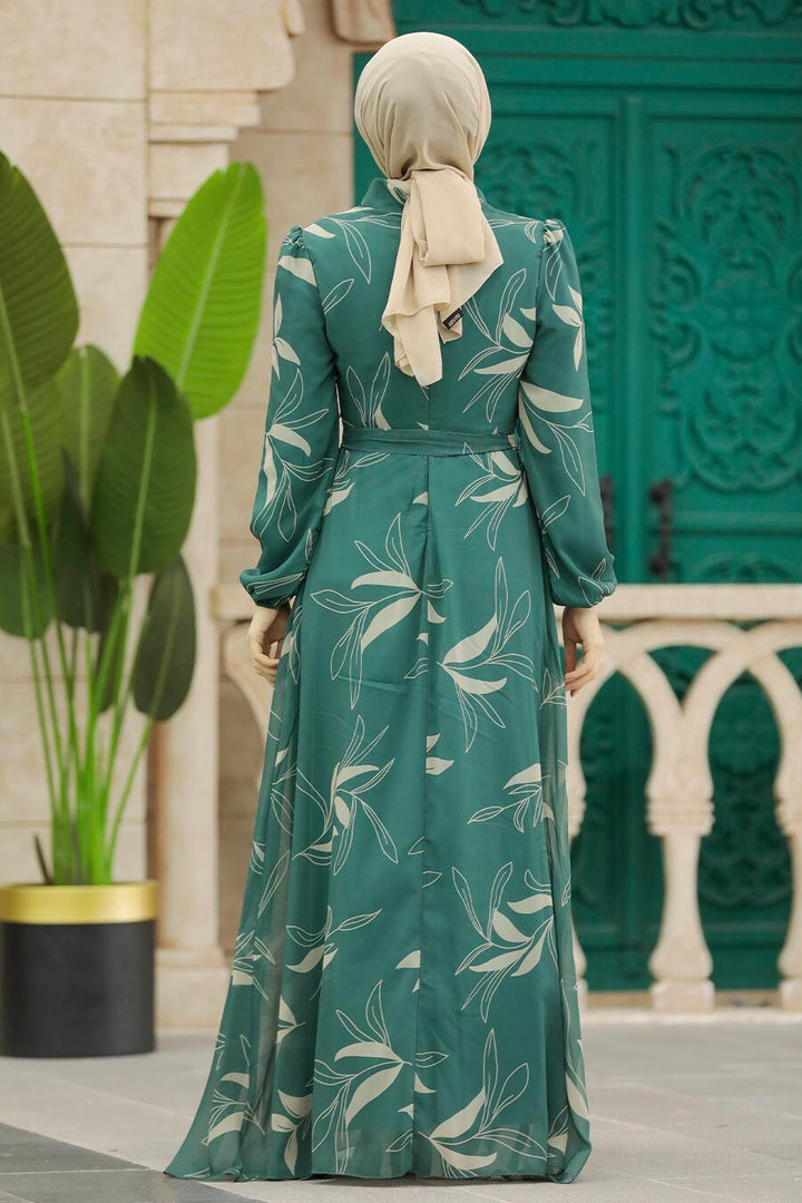 Green Vines Chiffon Long Sleeve Maxi Dress - Urban Modesty