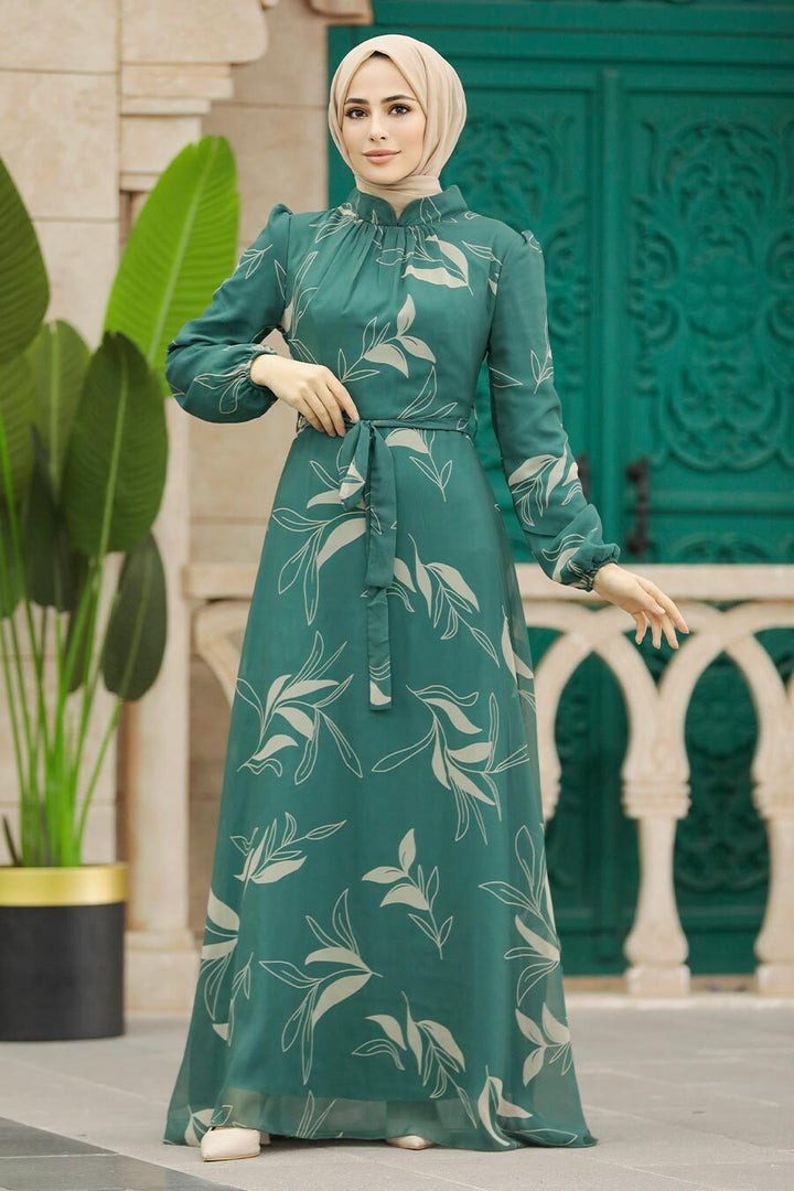 Green Vines Chiffon Long Sleeve Maxi Dress - Urban Modesty