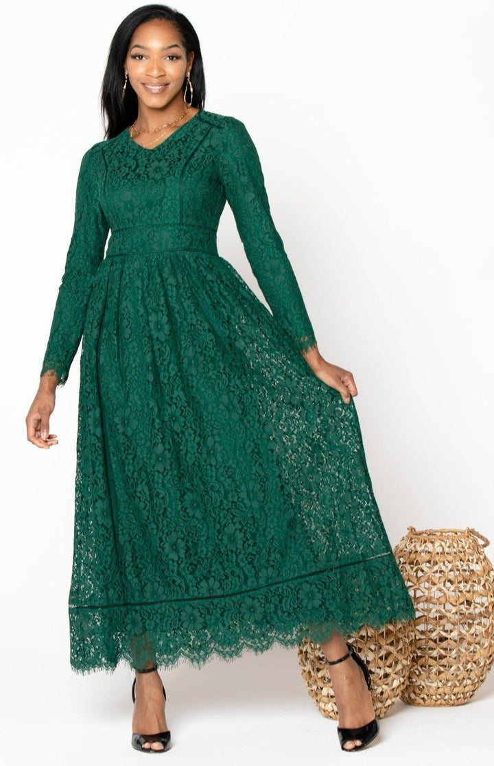 Green Zahra Lace Long Sleeve Maxi Gown - Urban Modesty