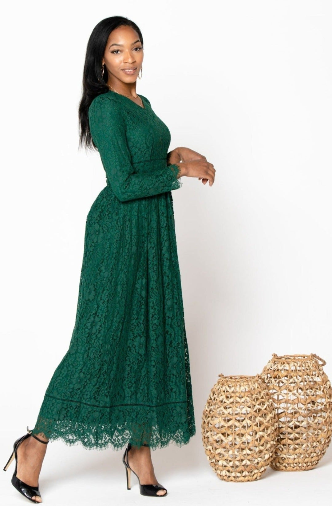 Green Zahra Lace Long Sleeve Maxi Gown - Urban Modesty