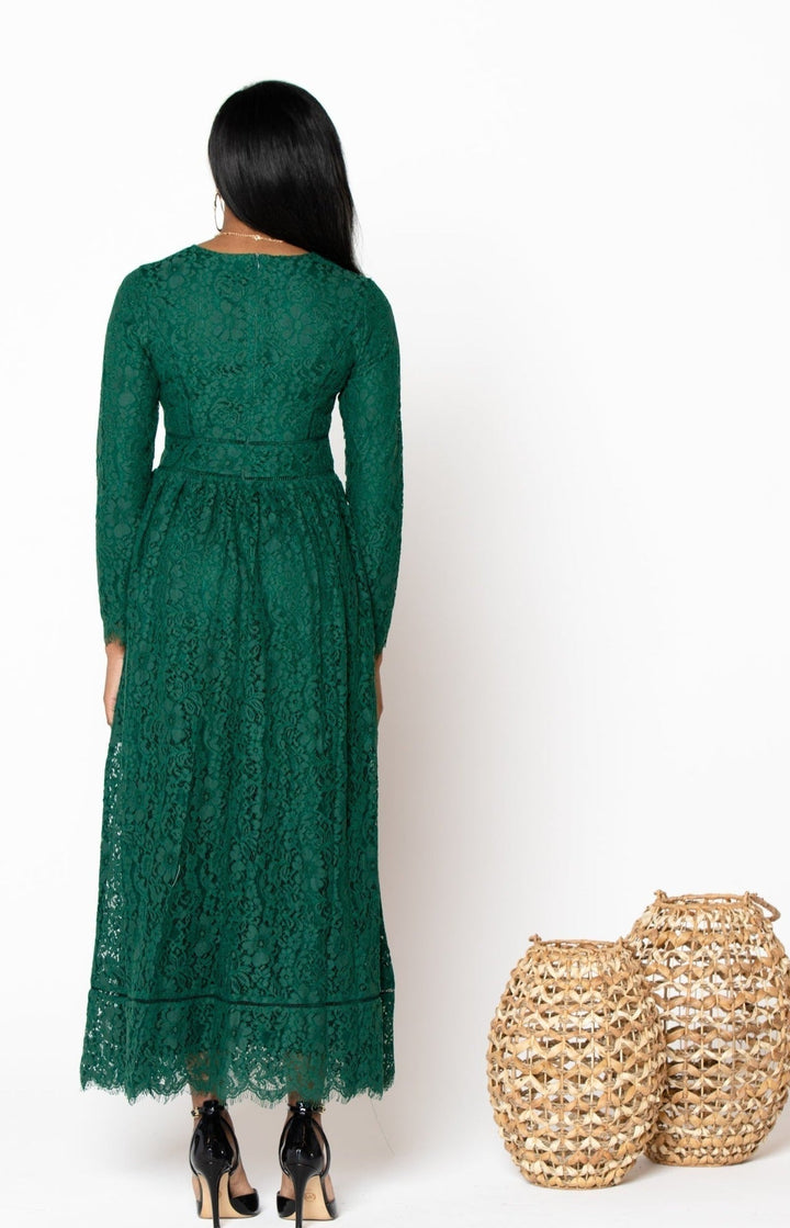 Green Zahra Lace Long Sleeve Maxi Gown - Urban Modesty