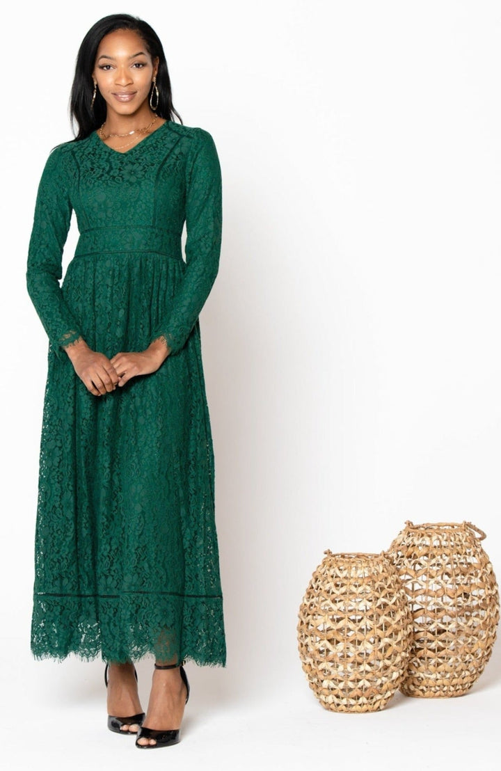 Green Zahra Lace Long Sleeve Maxi Gown - Urban Modesty