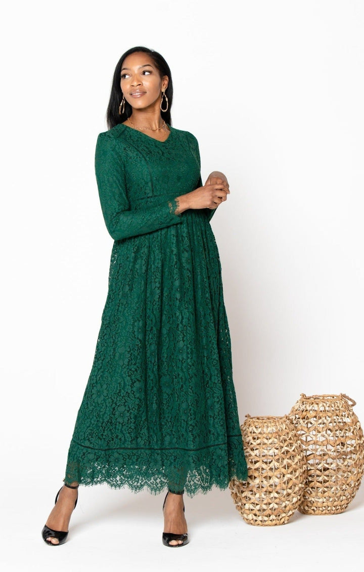 Green Zahra Lace Long Sleeve Maxi Gown - Urban Modesty