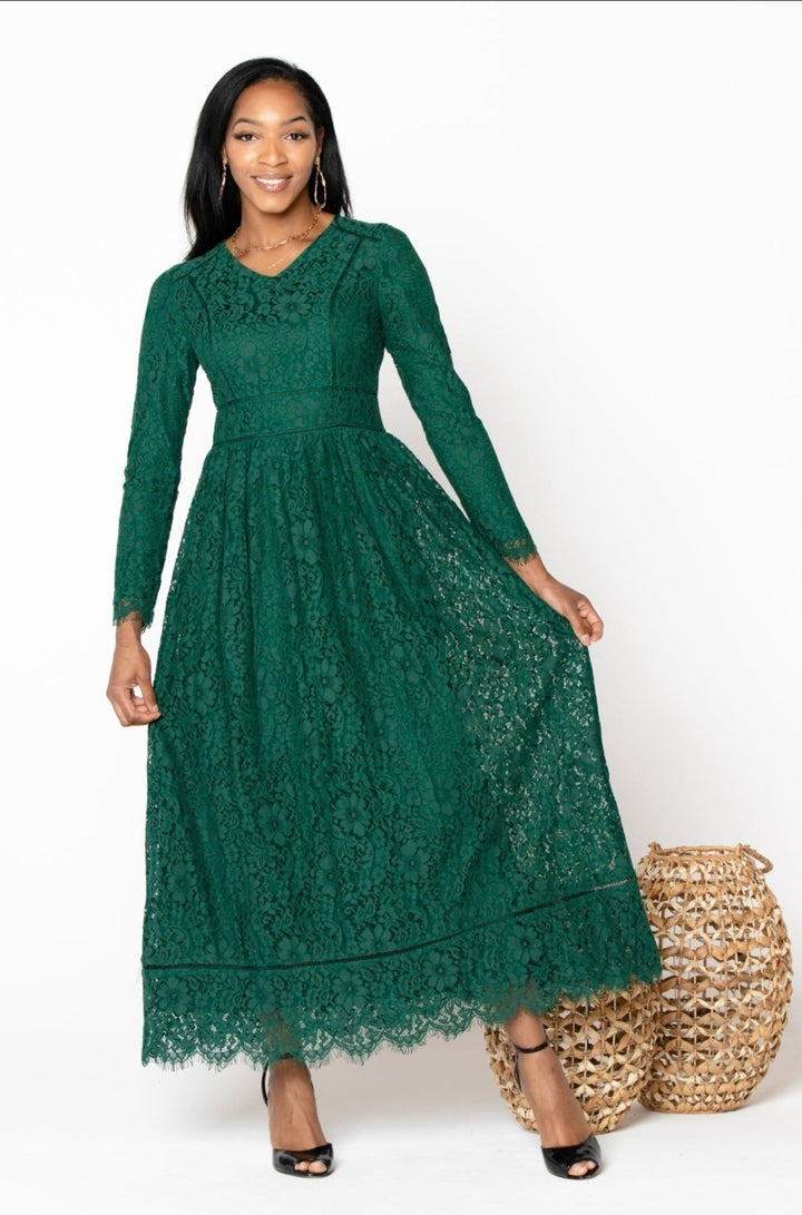 Green Zahra Lace Long Sleeve Maxi Gown - Urban Modesty