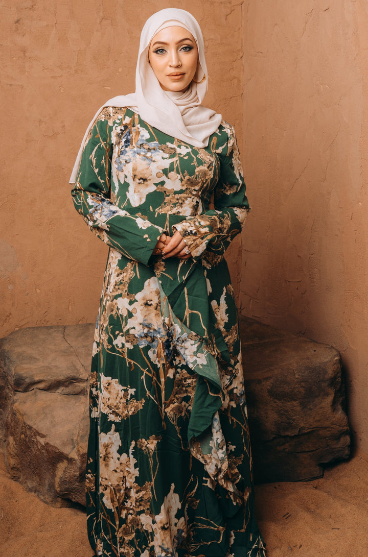 Green and White Ruffle Floral Maxi Dress-CLEARANCE