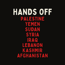 Text 'HANDS OFF' followed by a list of countries on a black background