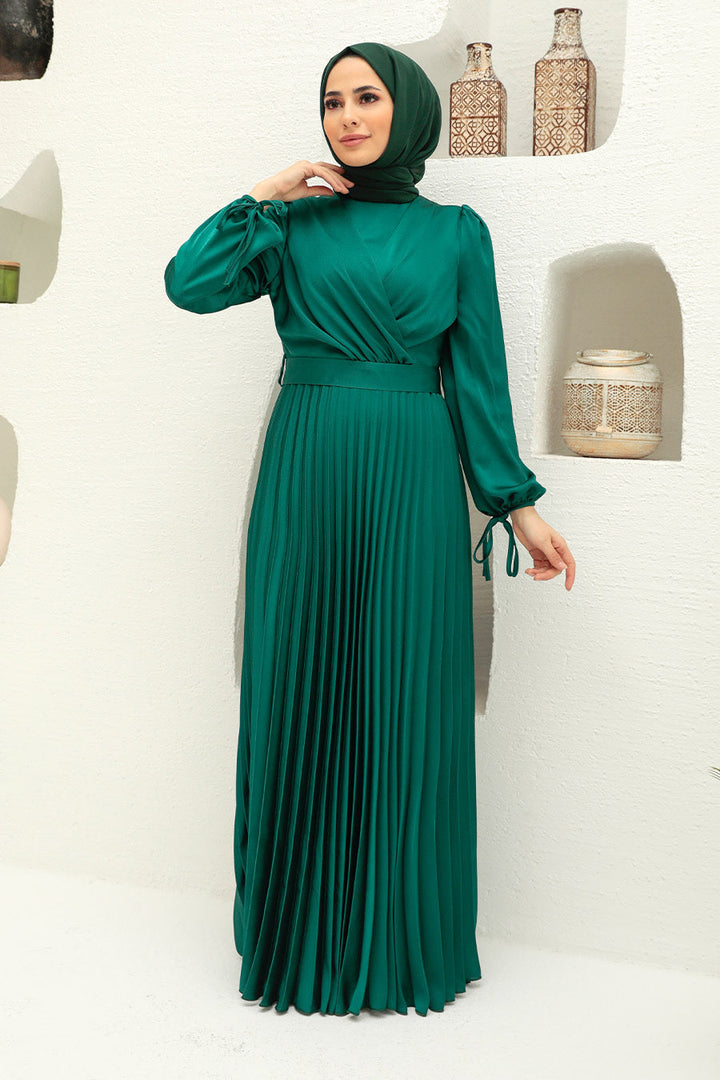 Hunter Green Criss Cross Pleated Satin Gown - Urban Modesty