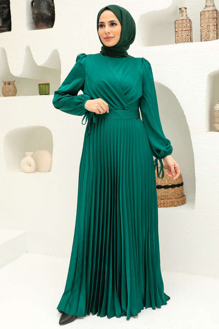 Hunter Green Criss Cross Pleated Satin Gown - Urban Modesty