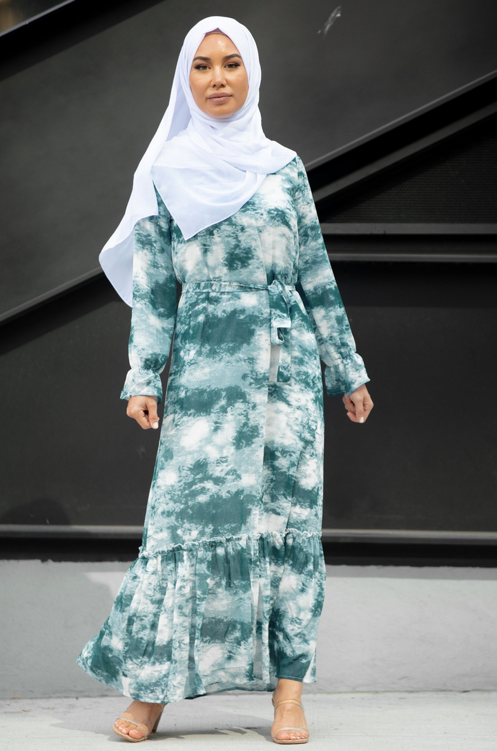 Hunter Green Tye Dye Long Sleeve Maxi Dress - Urban Modesty