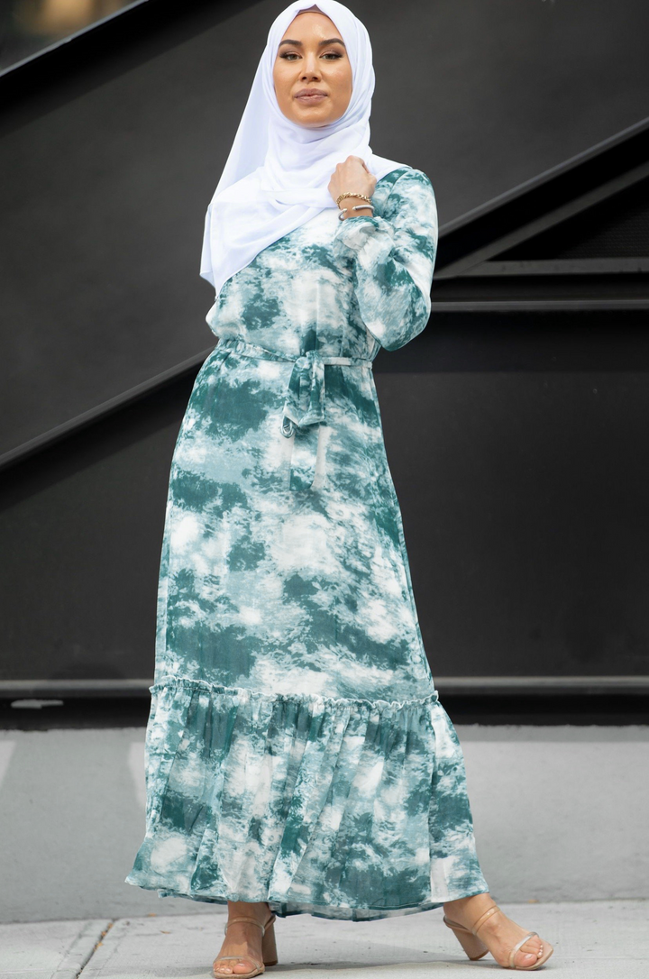 Hunter Green Tye Dye Long Sleeve Maxi Dress - Urban Modesty