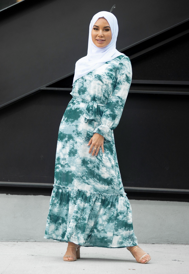 Hunter Green Tye Dye Long Sleeve Maxi Dress - Urban Modesty