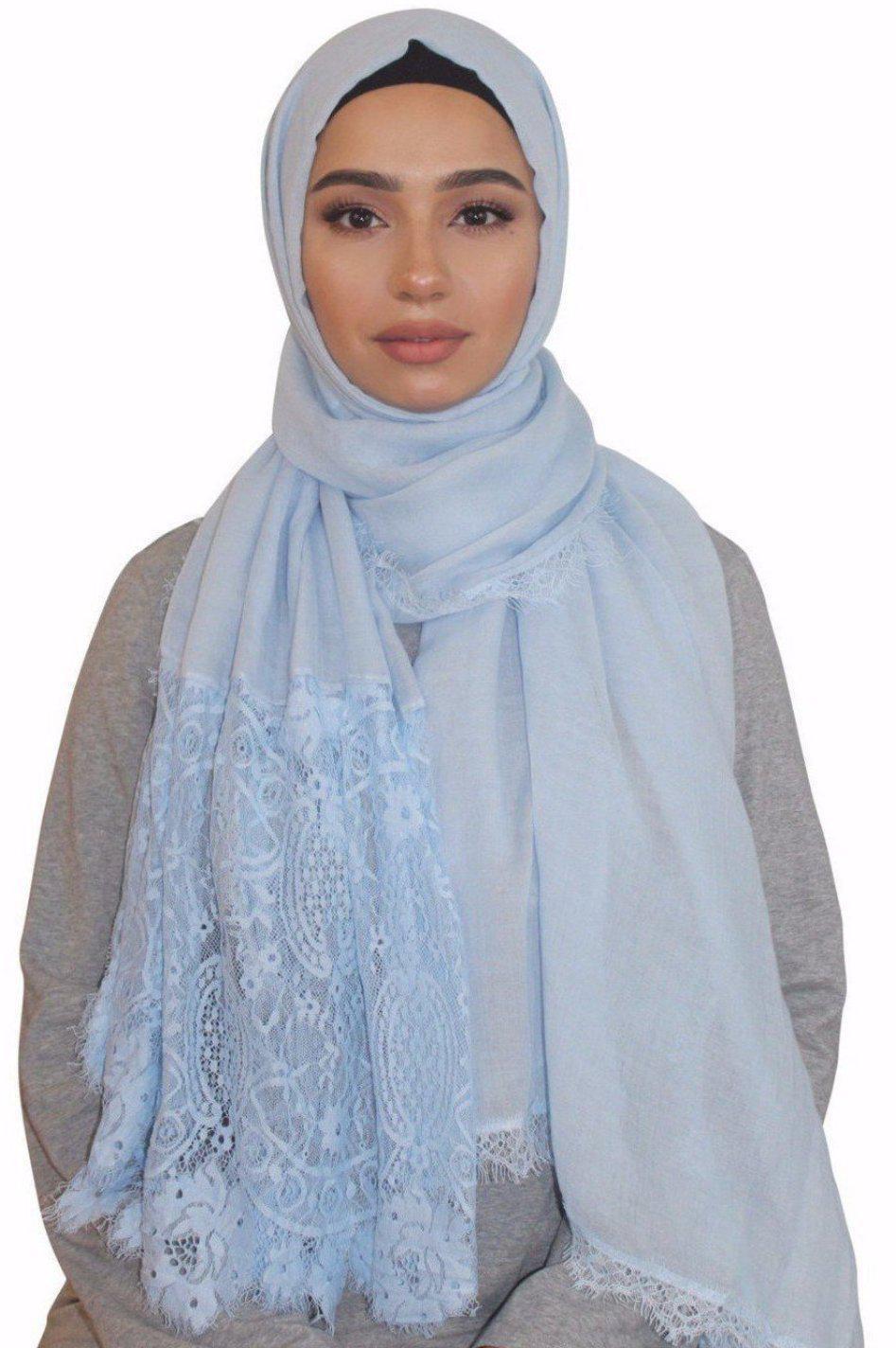 Ice Blue Lace Trim Cotton Hijab - Urban Modesty