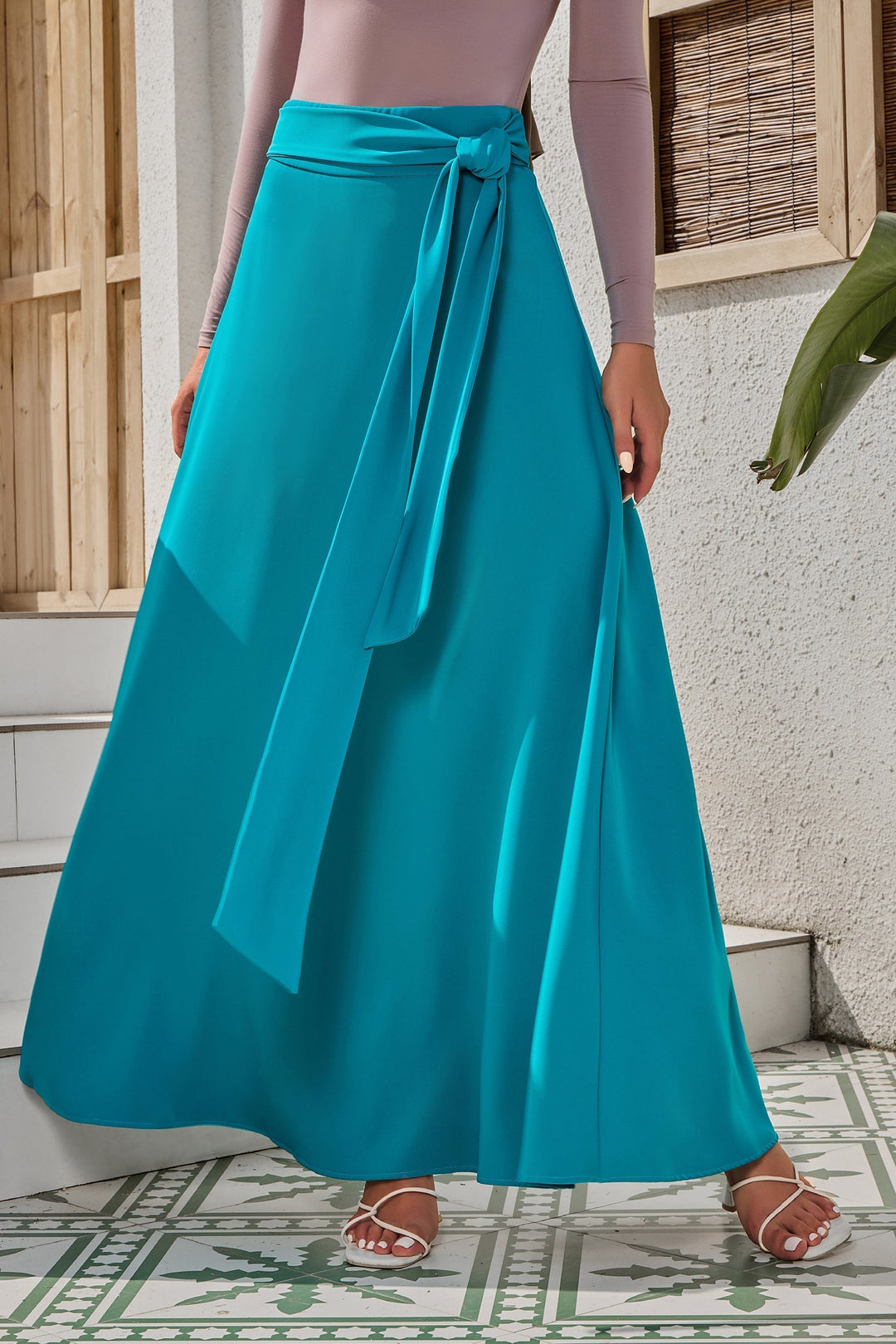 Jade Green Flowy Tie-Belt Maxi Skirt