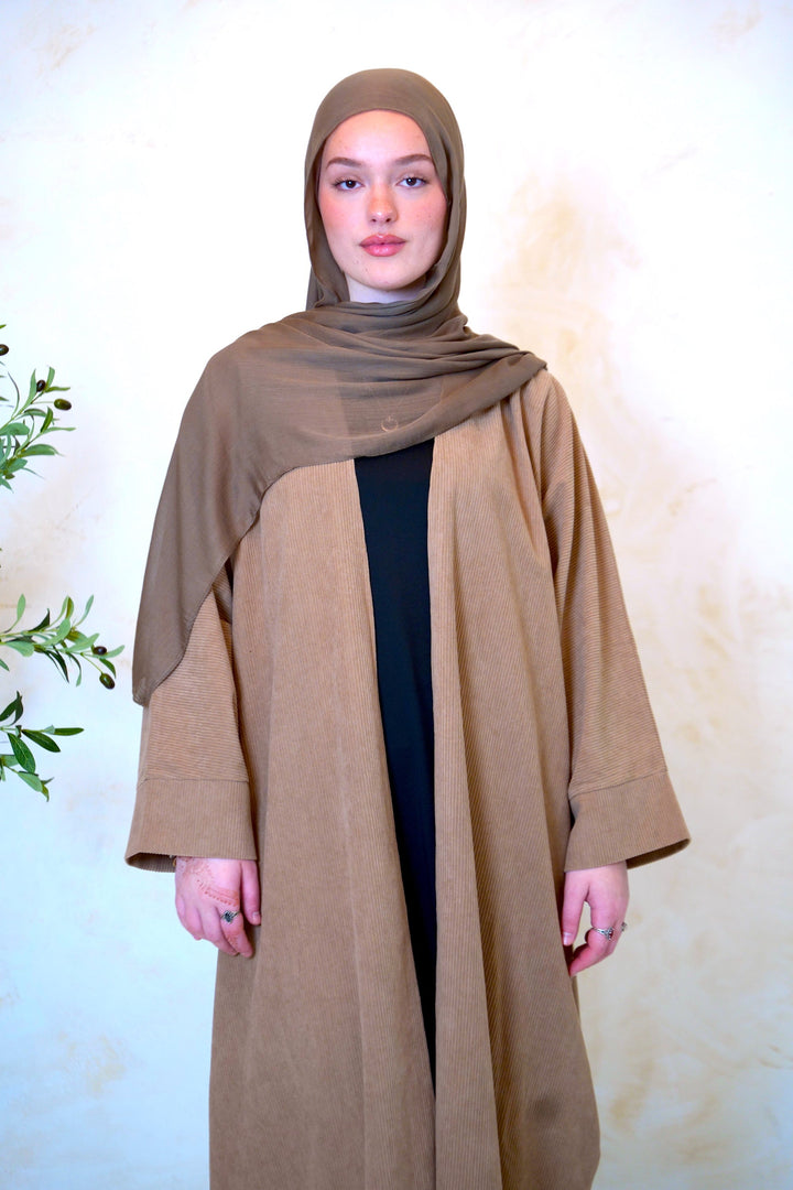 Khaki Corduroy Open Front Abaya-CLEARANCE