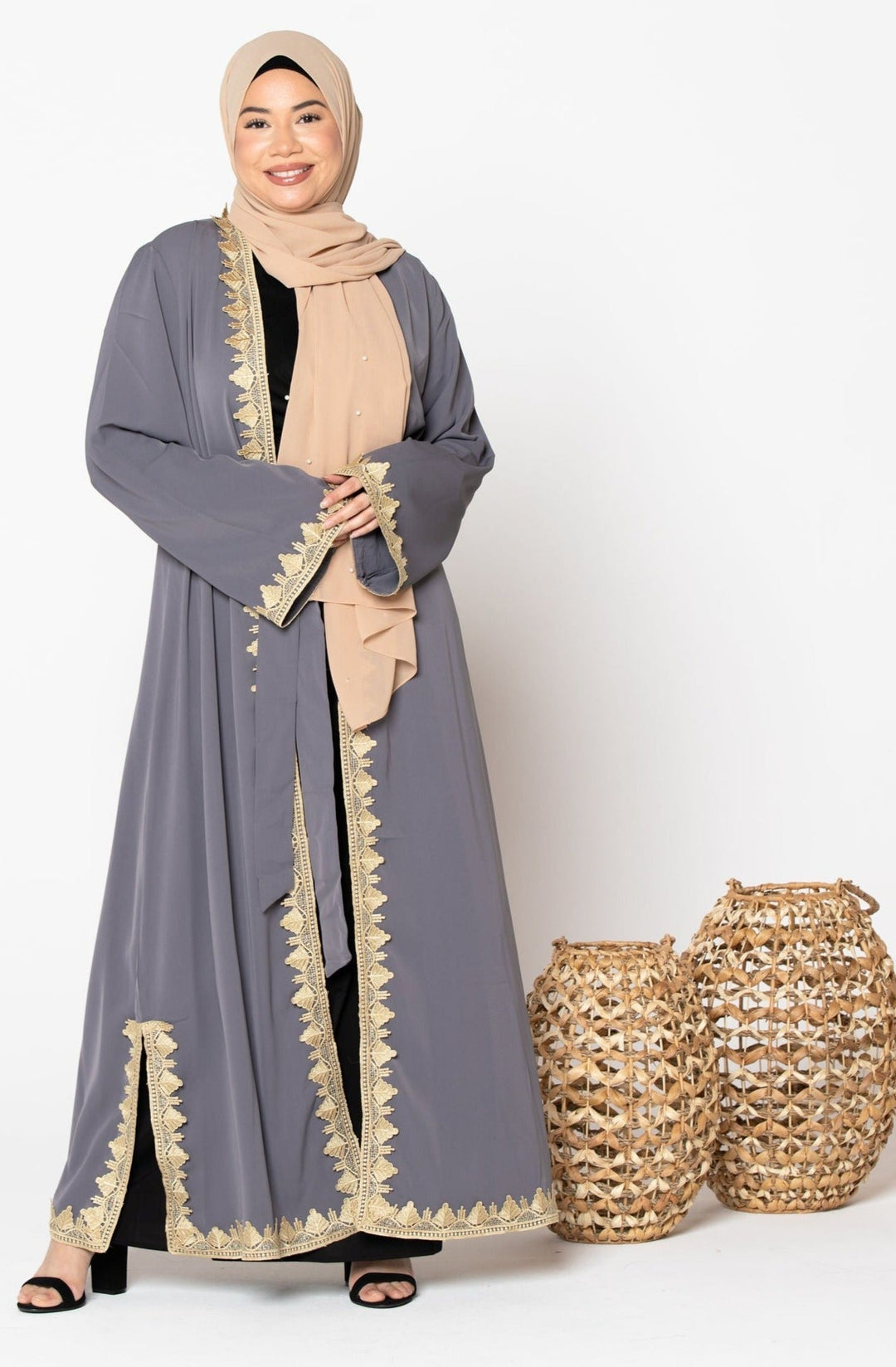 Lace Trim Open Front Abaya-CLEARANCE - Urban Modesty