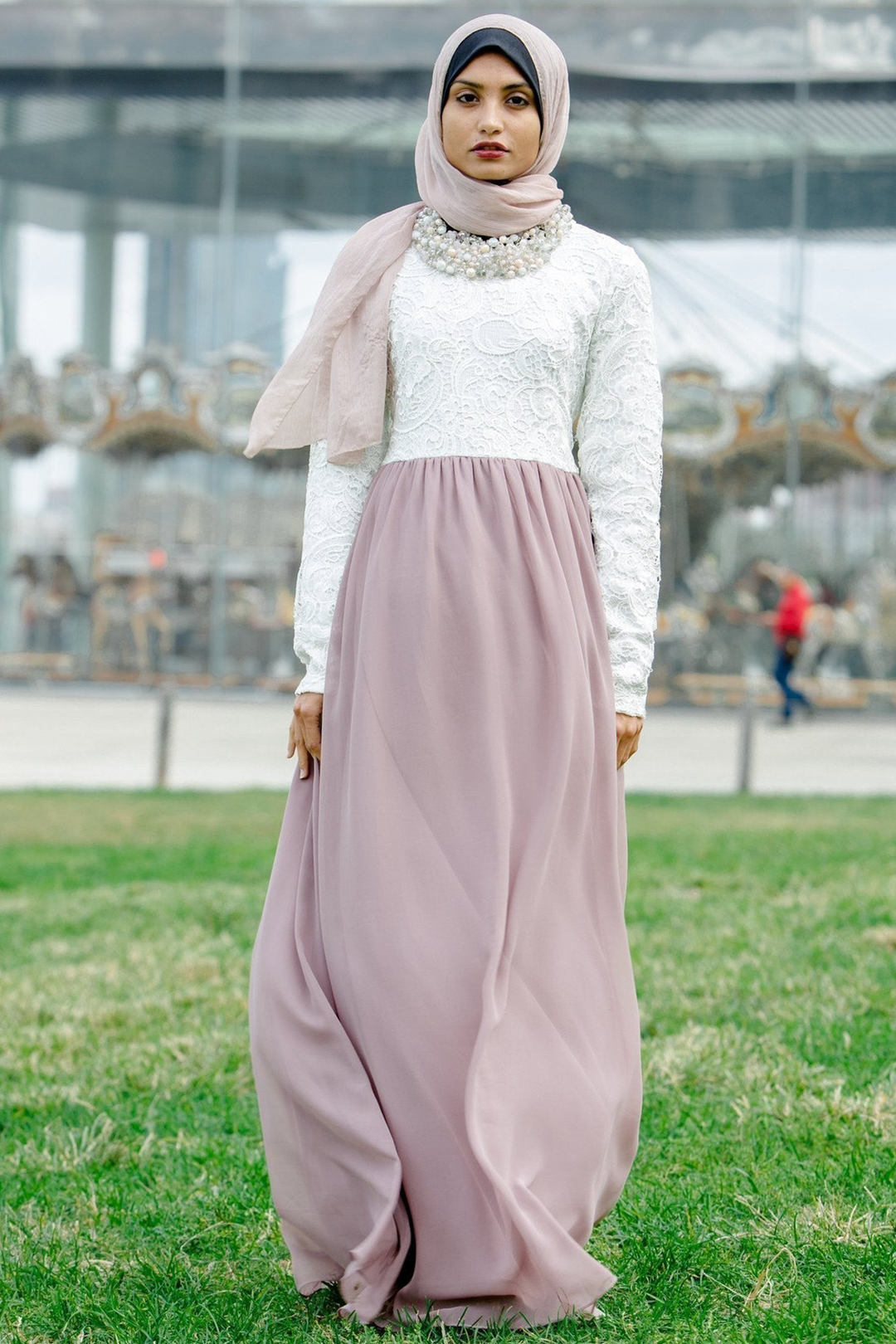 Lace Two-Tone Maxi Dress With Sleeves-CLEARANCE