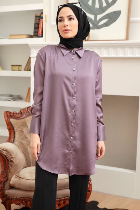 Lavender Collared Button Down Satin Tunic-CLEARANCE