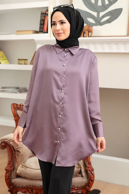 Lavender Collared Button Down Satin Tunic-CLEARANCE