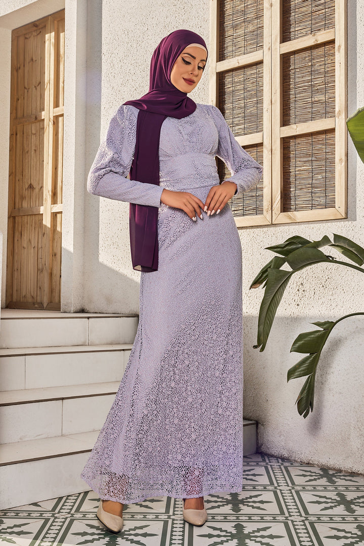 Lavender Lace Ruched Waist Long Sleeve Gown