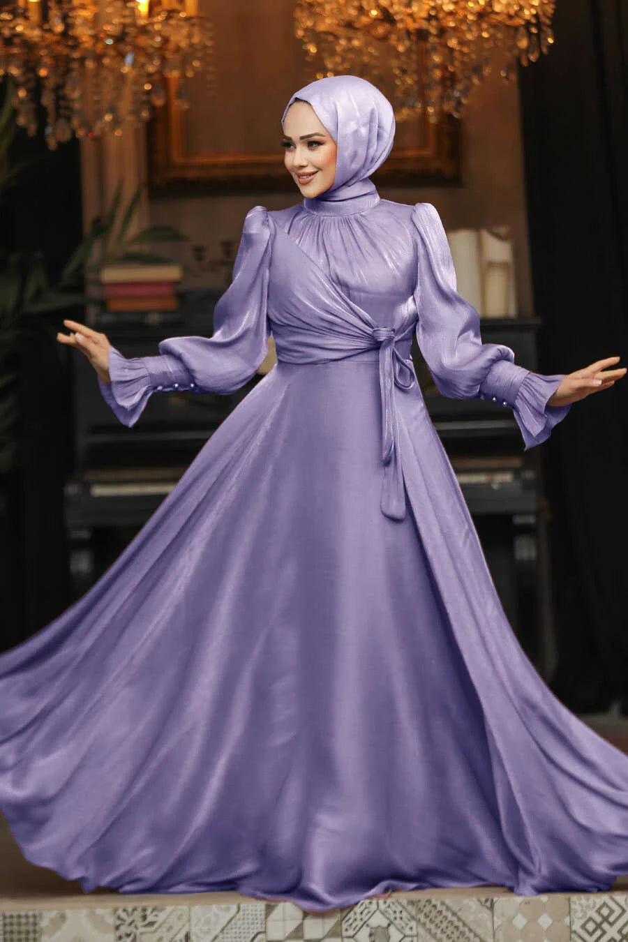 Lavender Organza Side Knot Gown with elegant fit and flare silhouette from Urban Modesty