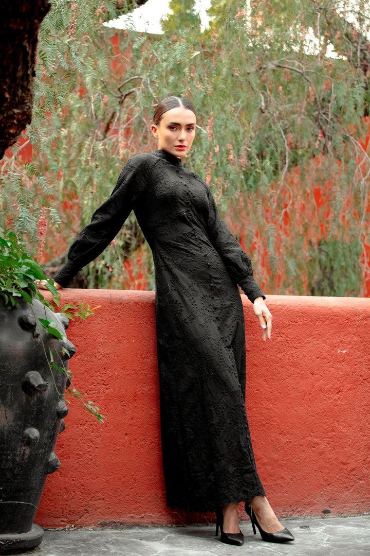 Leah Black Eyelet Button-Down Maxi Dress-Clearance - Urban Modesty